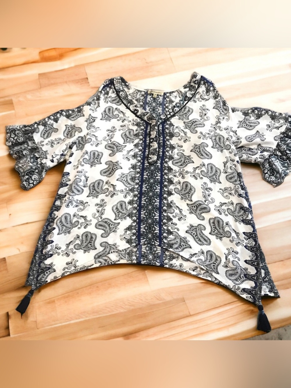 Cold Shoulder Short Flounce Sleeve Flowy Tasseled Asymmetrical Top